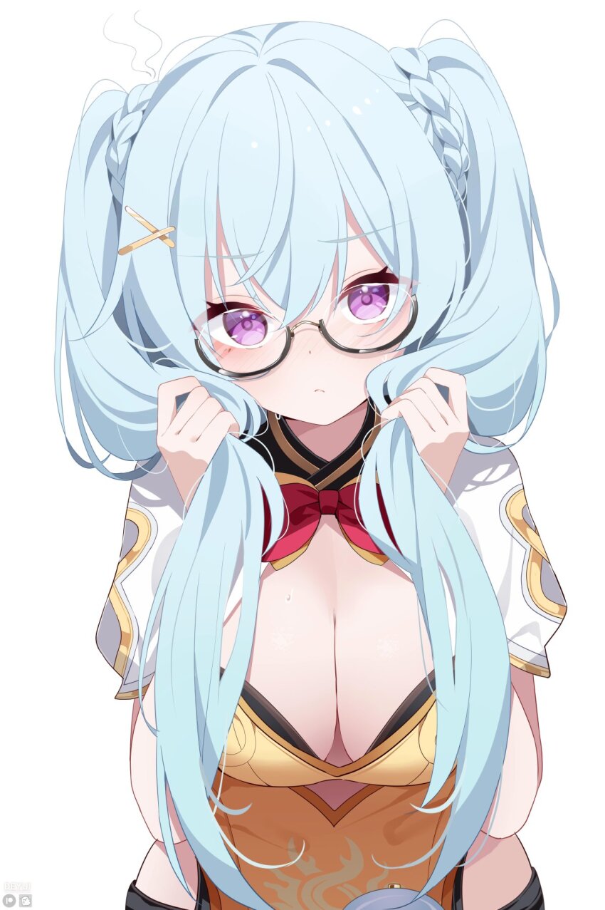 1girl, black-framed_eyewear, blue_hair, bow, bowtie, breasts, china_dress, chinese_clothes