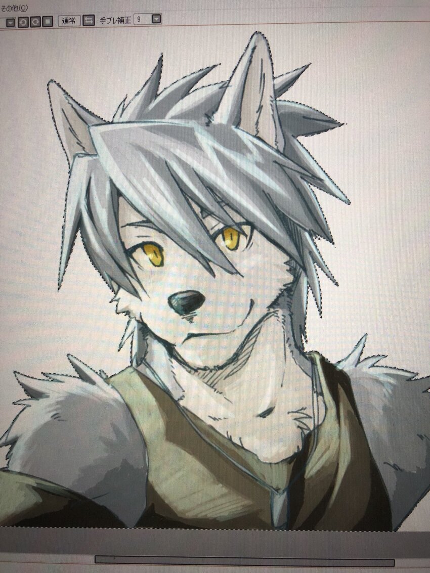 1boy, animal_ears, armband, art_program_in_frame, black_tank_top, commentary, dog_boy, dog_ears, animal_nose, dog_tags, furry, furry_male, grey_fur, grey_hair, highres, indeigo15, jewelry, kouya_aotsuki, long_hair, looking_at_viewer, male_focus, morenatsu, necklace, smile, tank_top, upper_body, yellow_eyes