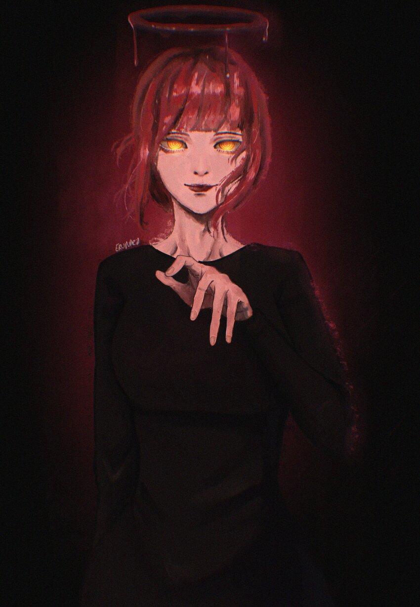 1girl, absurdres, black_dress, blood, blush, chainsaw_man, dress, erunaria7