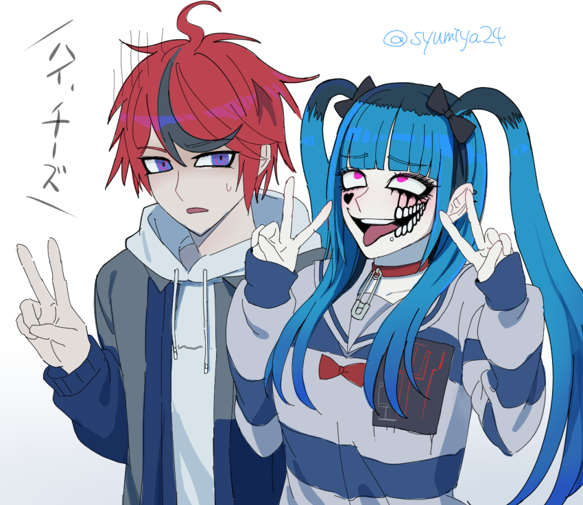 1boy, 1girl, amemiya_darumi, black_bow, black_hair, blue_hair, bow, collar, hood, hoodie, long_sleeves, makeup, multicolored_hair, peace_symbol, pink_eyes, red_collar, red_hair, runny_makeup, safety_pin, shirt, striped_clothes, striped_shirt, sumino_takumi, syumiya24, the_hundred_line_-last_defense_academy-, tongue, tongue_out, twintails, white_background