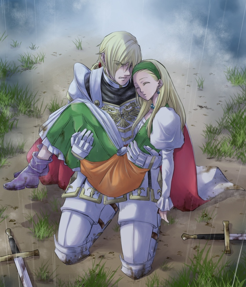 1boy, 1girl, armor, bead_necklace, beads, blonde_hair, cape, carrying