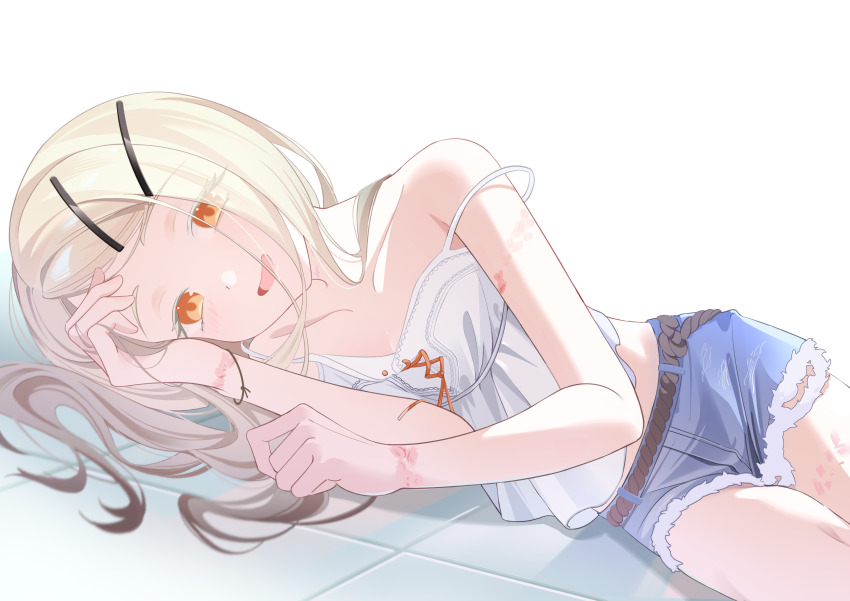 1girl, absurdres, blonde_hair, blush, bruise, bruise_on_arm, bruise_on_leg, bruise_on_wrist, camisole, collarbone, colored_eyelashes, commentary, denim, denim_shorts, gakuen_idolmaster, gradient_hair, grey_hair, highres, idolmaster, injury, la-jiao-you, long_hair, looking_at_viewer, lying, multicolored_hair, on_side, orange_eyes, rope_belt, shinosawa_hiro, short_shorts, shorts, smile, solo, strap_slip, swept_bangs, untranslatable_commentary, thighs, tile_floor, tiles, white_camisole