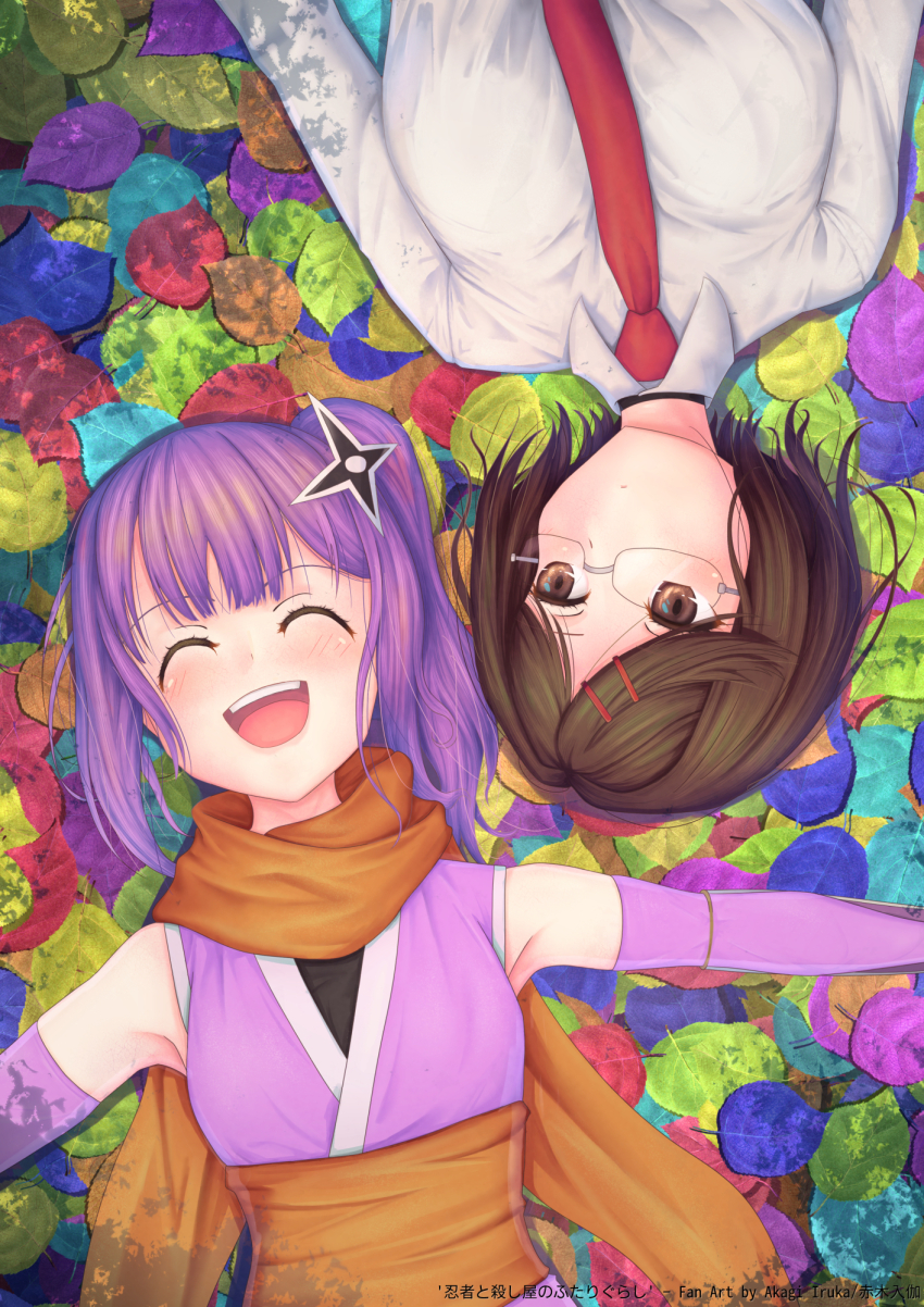 2girls, akagi_iruka, armpits, artist_name, brown_eyes, brown_hair, closed_eyes, elbow_gloves