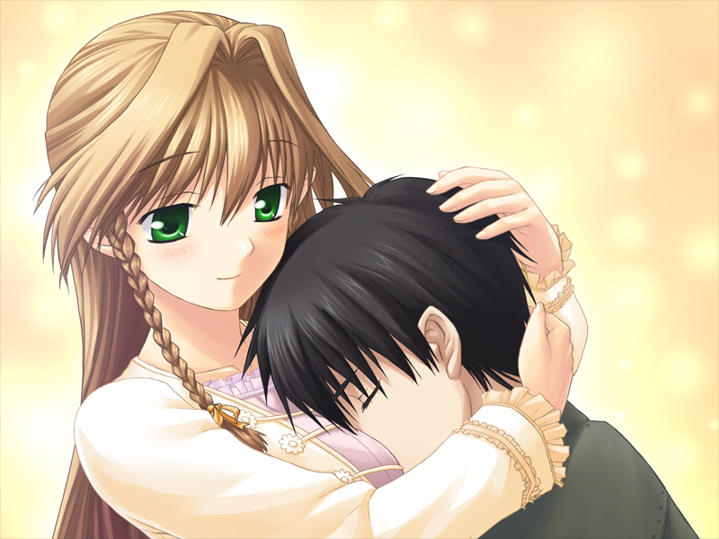 1boy, 1girl, black_shirt, breast_smother, breasts, brother_and_sister, brown_hair, closed_eyes