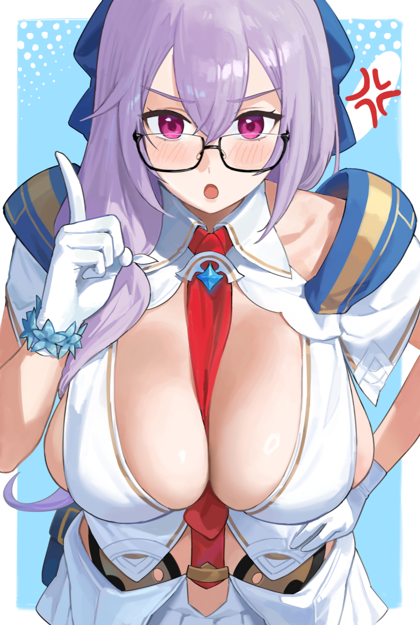 1girl, anger_vein, between_breasts, bow, breasts, canace_(stella_sora), cleavage, glasses, gloves, hair_bow, highres, holding, large_breasts, long_hair, looking_at_viewer, necktie, necktie_between_breasts, nhaliz, open_mouth, pointing, pointing_up, red_necktie, shirt, smile, solo, stella_sora