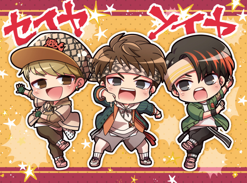 3boys, :d, :o, armband, asymmetrical_bangs, baseball_cap, baseball_uniform, black_eyes