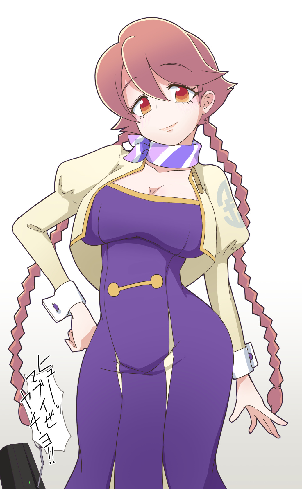 1girl, apocalypse_hotel, braid, breasts, brown_hair, cleavage, contrapposto, dress, hand_on_own_hip, highres, long_hair, long_sleeves, looking_at_viewer, orange_eyes, purple_dress, purple_scarf, robot, scarf, simple_background, smile, speech_bubble, standing, ten_agune, twin_braids, twintails, very_long_hair, yachiyo_(apocalypse_hotel)