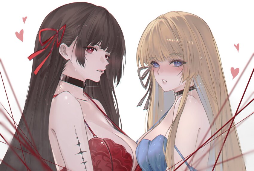2girls, bare_shoulders, black_choker, black_hair, black_ribbon, blonde_hair, blue_bra, blue_eyes
