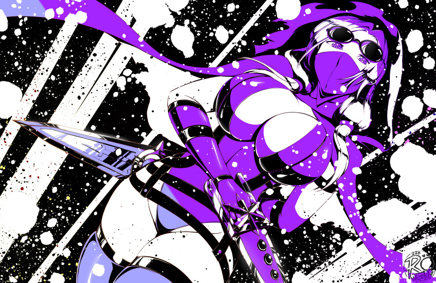 1girl, absurdres, breasts, chinese_commentary, cleavage, commentary_request, cowboy_shot, dagger, dual_wielding, dutch_angle, eyewear_on_head, fingerless_gloves, gloves, highres, holding, holding_dagger, holding_knife, holding_weapon, hood, hood_up, jamadhar, knife, large_breasts, leotard, looking_at_viewer, mask, mouth_mask, ninja_mask, purple_theme, ragnarok_online, shadow_cross_(ragnarok_online), short_hair, solo, sunglasses, thighhighs, weapon, zzk0926