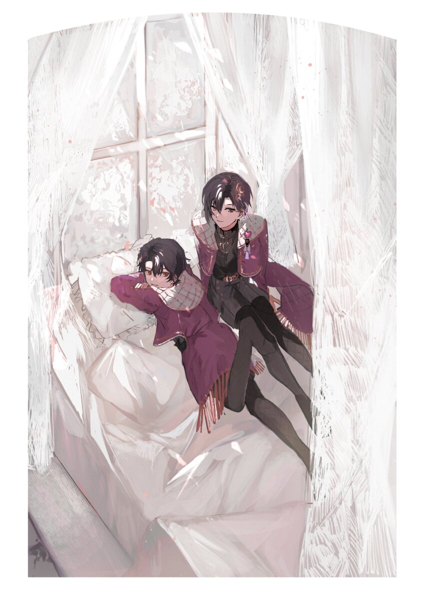 22kolink, 2boys, bed, black_hair, curtains, highres, jacket, long_sleeves