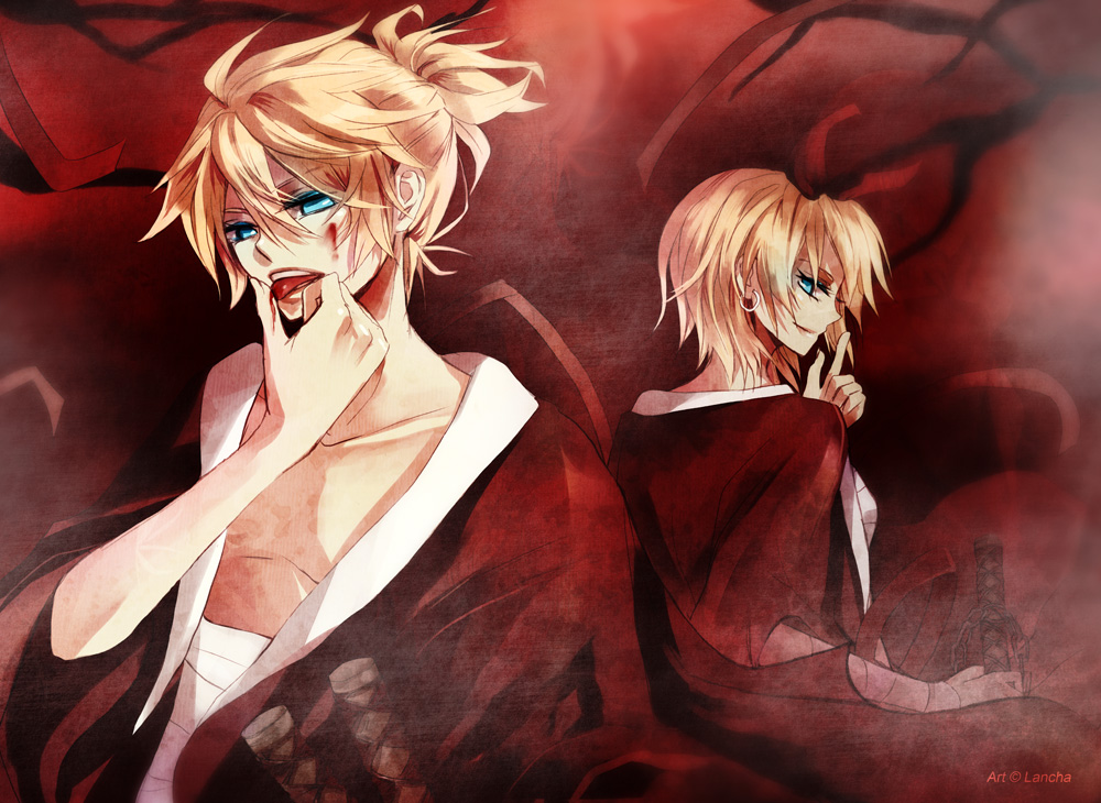 1boy, 1girl, bandages, blonde_hair, blood, blood_on_face, blue_eyes, brother_and_sister