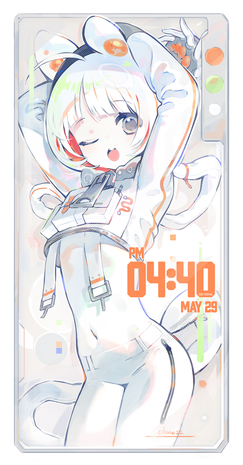 1girl, absurdres, ahoge, animal_ears, arms_behind_head, arms_up, artist_name, belt