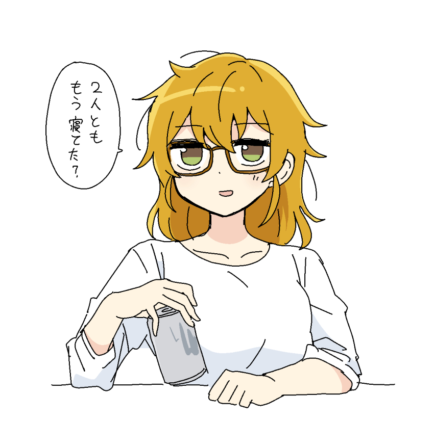 alternate_hairstyle, bags_under_eyes, brown-framed_eyewear, brown_eyes, brown_hair, can, chan_mama, commentary_request