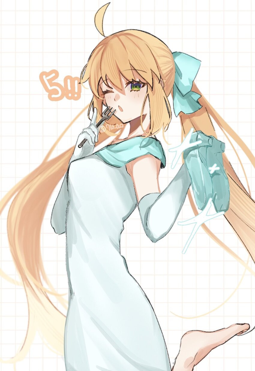 1girl, 710_ao, :o, ahoge, alternate_costume, aqua_ribbon, artoria_caster_(fate), artoria_caster_(fgo_fes._2025)_(fate), artoria_pendragon_(fate), barefoot, dress, fate/grand_order, fate_(series), fork, green_eyes, hair_ribbon, highres, holding, holding_fork, long_hair, looking_at_viewer, one_eye_closed, ribbon, simple_background, sleeveless, sleeveless_dress, solo, toes, twintails, twitter_username, very_long_hair, white_background, white_dress