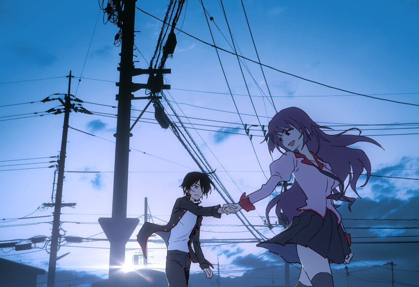 1boy, 1girl, ahoge, araragi_koyomi, black_hair, black_jacket, black_pants, black_thighhighs