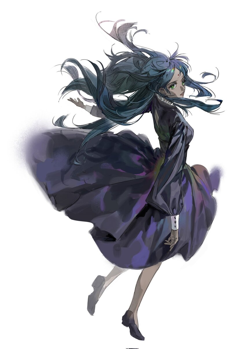 1girl, back_cutout, bindi, black_dress, black_shoes, clothing_cutout, collar, dress