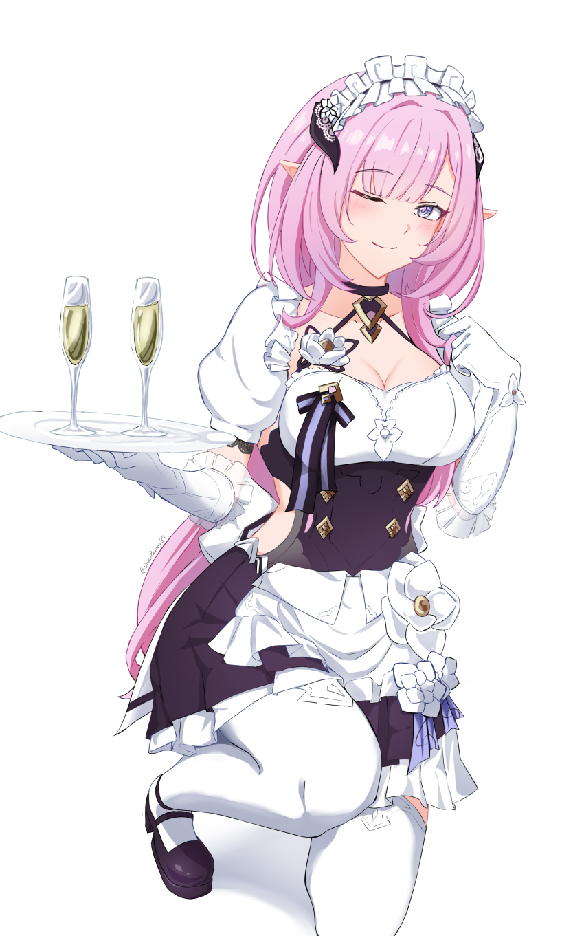 1girl, ;), absurdres, apron, black_dress, black_shoes, blue_eyes, breasts