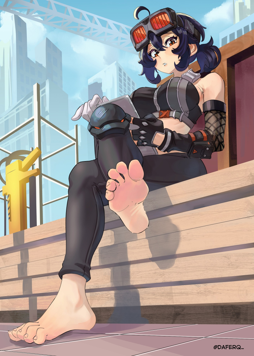 1girl, barefoot, black_hair, crossed_legs, daferq, feet, goggles, goggles_on_head, grace_howard, highres, long_hair, looking_at_viewer, orange_eyes, parted_lips, soles, toes, zenless_zone_zero