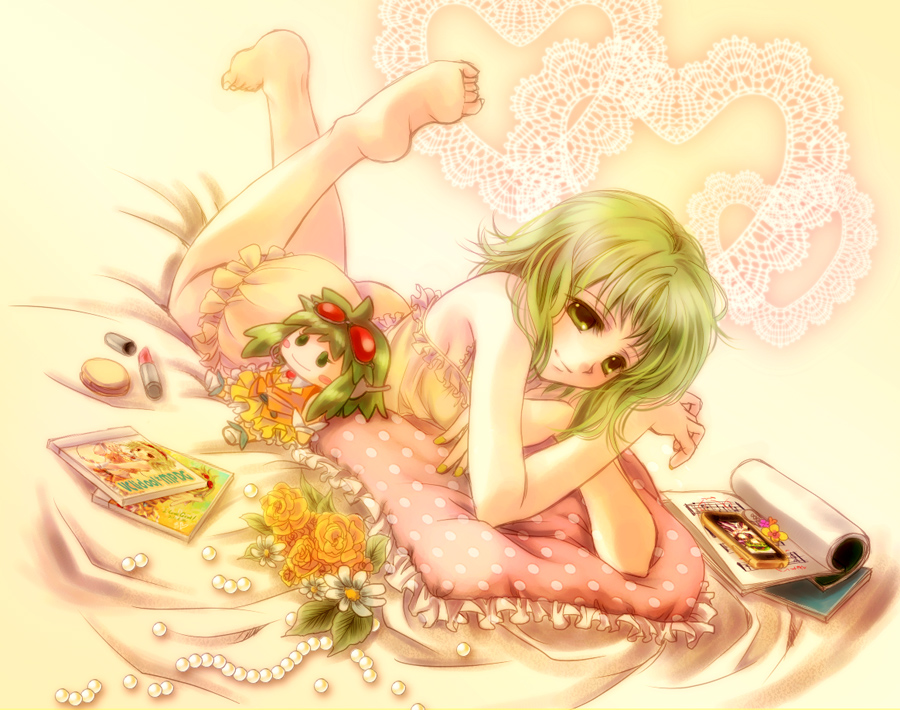 1girl, barefoot, feet, female_focus, frilled_pillow, frills, green_eyes, green_hair