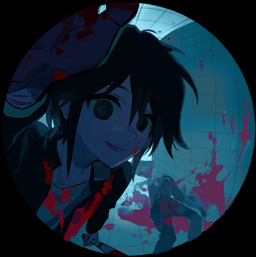 1boy, baseball_bat, black_eyes, black_hair, blood, blood_on_clothes, blood_on_face, blood_on_ground