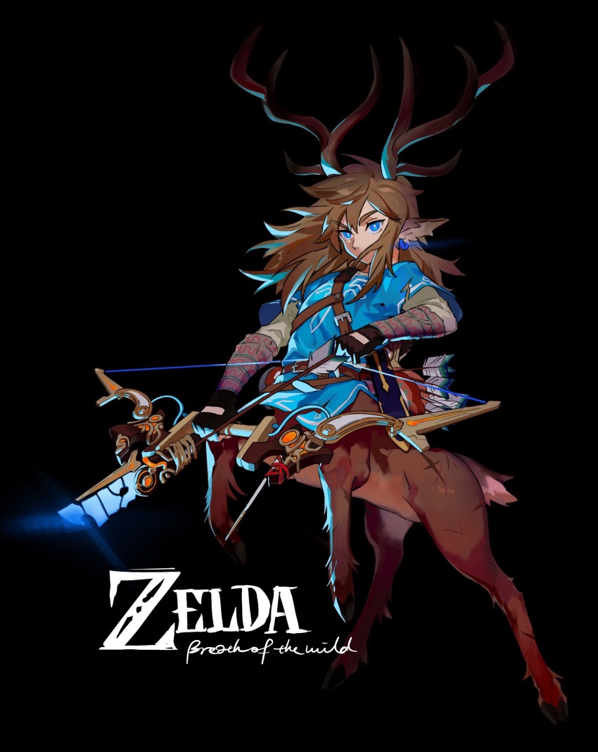 1boy, animal_ears, antlers, arrow_(projectile), black_background, blue_eyes, blue_tunic, bow_(weapon)