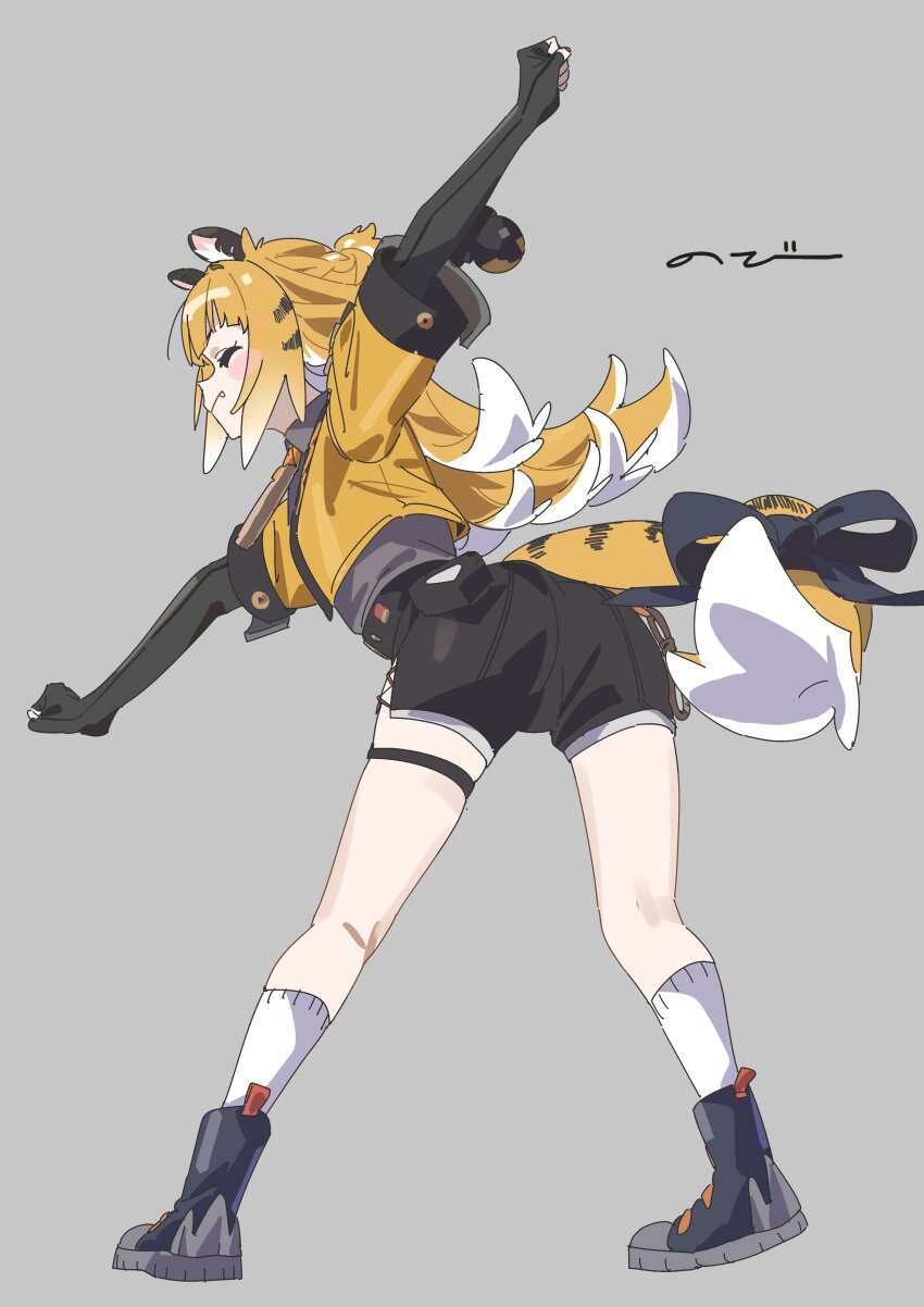 1girl, absurdres, animal_ears, ass, black_gloves, black_ribbon, colored_inner_hair, cottone_(highjethoo), elbow_gloves, fang, fang_out, fingerless_gloves, from_behind, full_body, gloves, grey_background, highres, ju_fufu, long_hair, multicolored_hair, orange_hair, ribbon, short_shorts, shorts, sidelocks, simple_background, socks, solo, stretching, tail, tail_ornament, tail_ribbon, thigh_strap, tiger_ears, tiger_girl, tiger_tail, translation_request, white_hair, white_socks, zenless_zone_zero