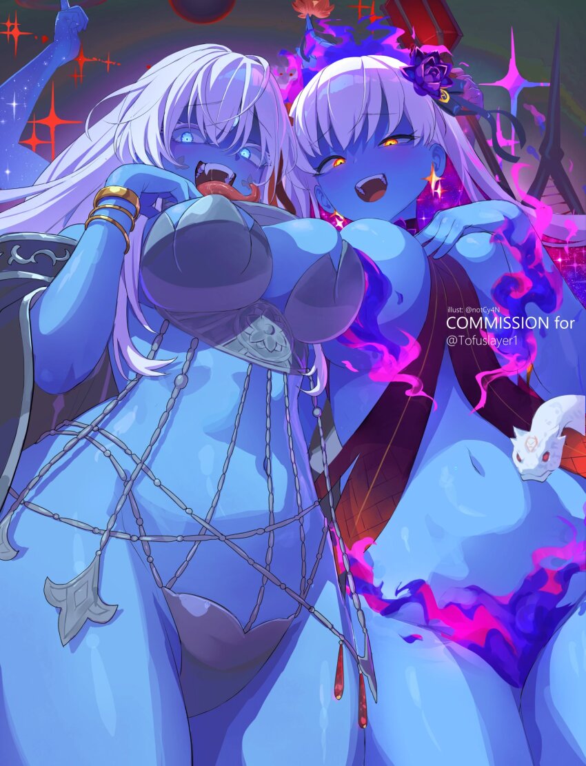 2girls, armor, bare_shoulders, belly_chain, bikini_armor, blue_eyes, blue_fire, blue_hair