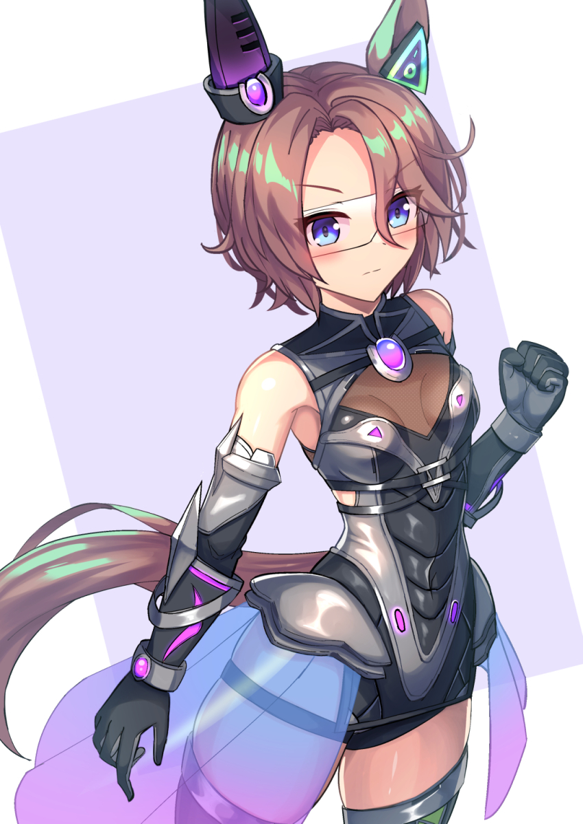 1girl, armpits, biwa_hayahide_(engineered_victory)_(umamusume), biwa_hayahide_(umamusume), biwa_hayahide_(umamusume)_(cosplay), black_gloves, blue_eyes, breasts