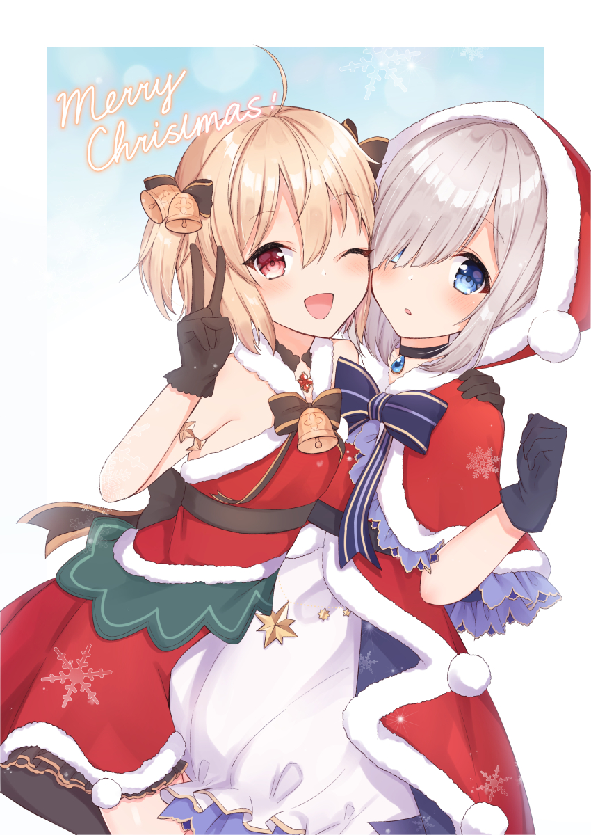 2girls, absurdres, ahoge, arm_around_neck, armlet, asymmetrical_bangs, ayano_rika, ayano_rika_(christmas_ver.)