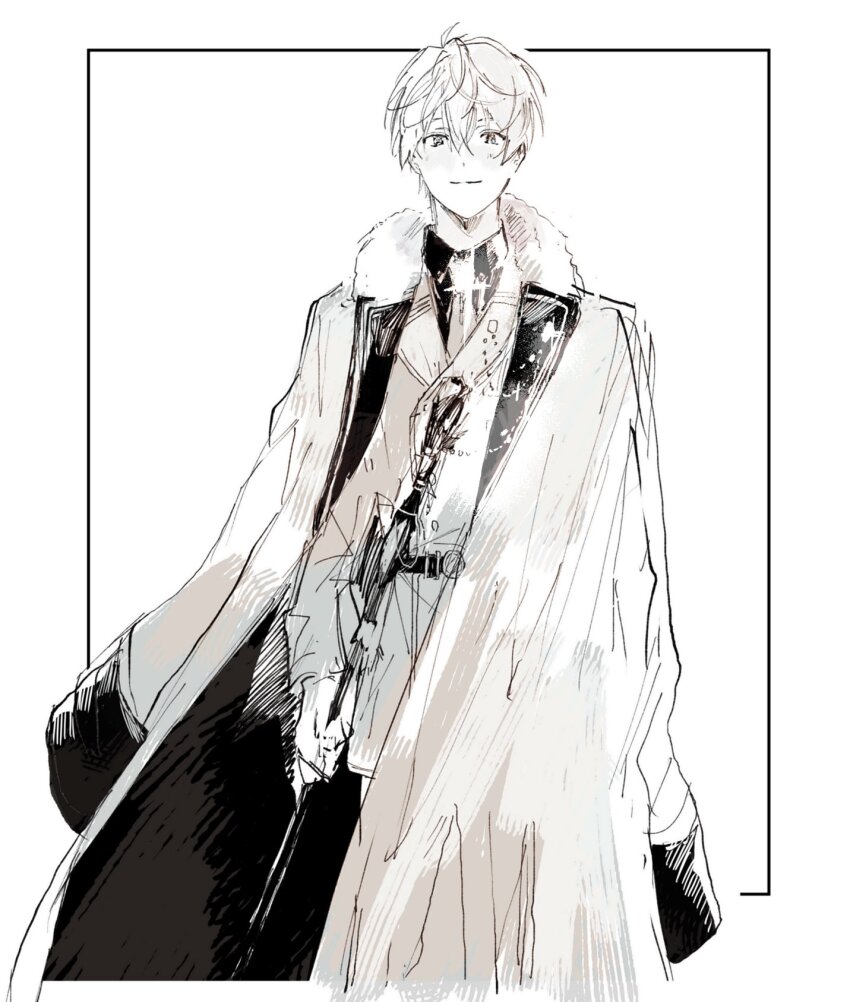 1boy, 22kolink, border, coat, collared_shirt, fur_trim, greyscale, highres