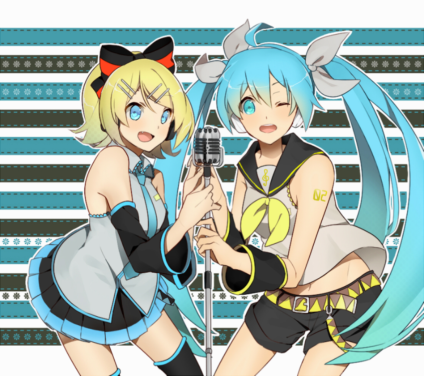 2girls, aqua_eyes, aqua_hair, bad_id, bad_pixiv_id, blonde_hair, bow, cosplay, costume_switch, extpil, fang, hair_bow, hair_ornament, hair_ribbon, hairclip, hatsune_miku, hatsune_miku_(cosplay), kagamine_rin, kagamine_rin_(cosplay), long_hair, microphone, microphone_stand, mota_(extpil), multiple_girls, one_eye_closed, ribbon, short_hair, shorts, skirt, smile, thighhighs, twintails, very_long_hair, vintage_microphone, vocaloid, wink, zettai_ryouiki