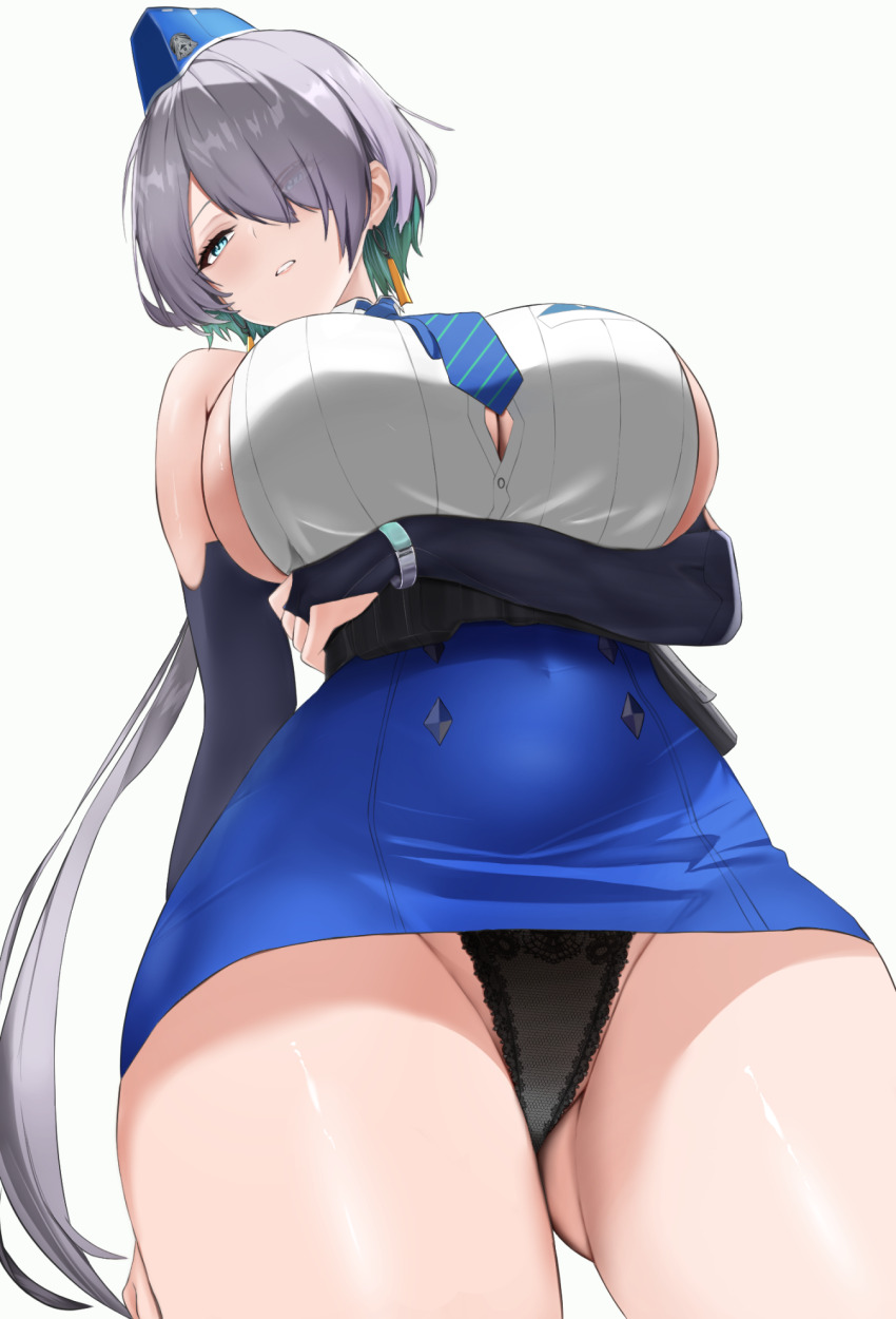1girl, alternate_skirt_length, aqua_hair, arm_behind_back, arm_under_breasts, backless_shirt, bare_shoulders, belt_pouch, black_panties, blue_eyes, blue_hat, blue_necktie, breasts, brid_(nikke), bridal_gauntlets, button_gap, cleavage, collared_shirt, colored_inner_hair, commentary, cowboy_shot, earrings, floating_earrings, from_below, garrison_cap, goddess_of_victory:_nikke, grey_hair, hair_between_eyes, hair_over_one_eye, hat, high-waist_skirt, highres, jewelry, large_breasts, long_hair, multicolored_hair, necktie, panties, parted_lips, pokko, pouch, shirt, sideboob, sideless_shirt, sidelocks, simple_background, skirt, sleeveless, solo, standing, striped_clothes, striped_necktie, two-tone_hair, underbust, underwear, white_background