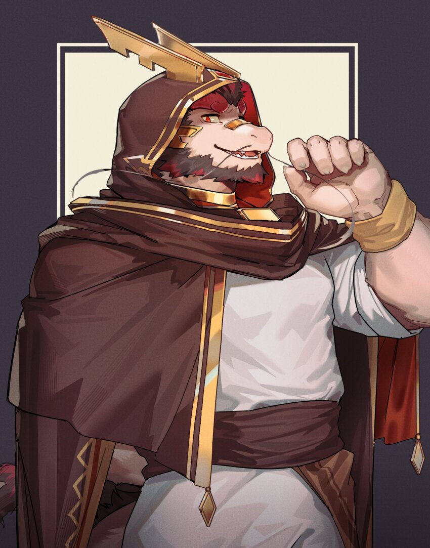 1boy, arm_behind_back, beard, claws, dragon_boy, dragon_horns, dragon_tail, facial_hair, fangs, furry, furry_male, hashtag-only_commentary, highres, hood, hood_up, horns, looking_at_viewer, male_focus, omochi_kuitai, open_mouth, red_eyes, shirt, tail, tarjumdad_(threefold_recital), threefold_recital, whiskers, white_shirt