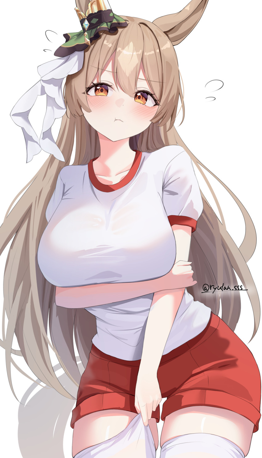 1girl, alternate_costume, animal_ears, blush, breasts, brown_eyes, brown_hair, closed_mouth, collarbone, commentary, hair_between_eyes, hair_ornament, highres, horse_girl, large_breasts, long_hair, looking_at_viewer, lryutanl, satono_diamond_(umamusume), shorts, solo, thighhighs, twitter_username, umamusume, white_background