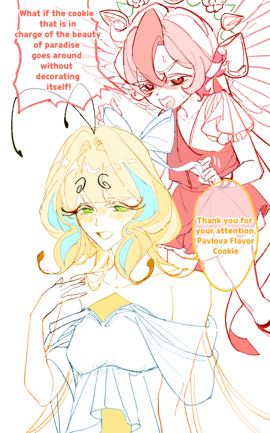 1boy, 1girl, aegyo_sal, angel_wings, antenna_hair, apqk4553, bare_shoulders, biblically_accurate_angel