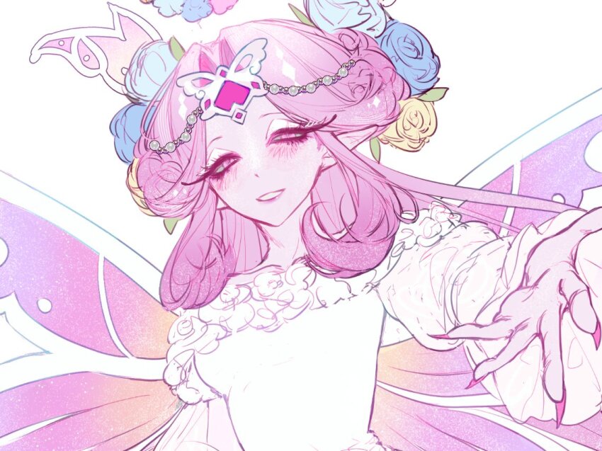 1girl, brooch, bug, butterfly, colored_skin, commentary, cookie_run, cookie_run:_kingdom