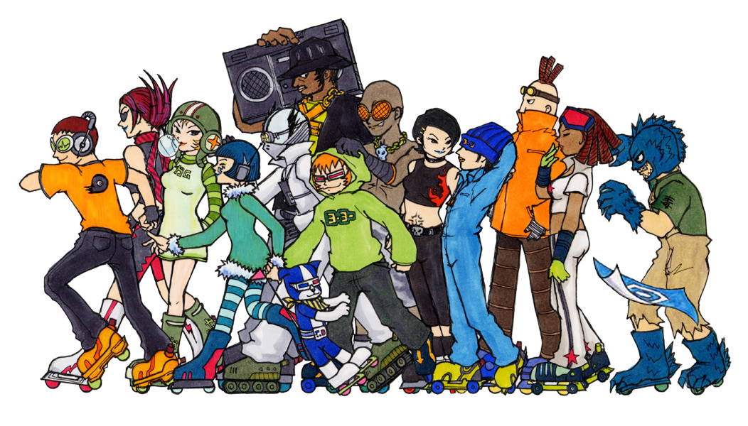 6+boys, 6+girls, bad_id, bad_pixiv_id, beat_(jsr), bis_(jsr), black_hair, blonde_hair, blue_hair, boombox, brown_hair, character_request, choker, combo_(jsr), corn_(jsr), cube_(jsr), dark_skin, dreadlocks, eyepatch, fingerless_gloves, garam_(jsr), gloves, goggles, gum_(jsr), hat, headphones, helmet, inline_skates, jet_set_radio, jumpsuit, love_shockers, mask, mew_(jsr), multiple_boys, multiple_girls, noise_tanks, piranha_(jsr), poison_jam, pots_(jsr), roller_skates, sega, short_hair, skates, slate_(jsr), tab_(jsr), tattoo, y2k_fashion, yoyo_(jsr)
