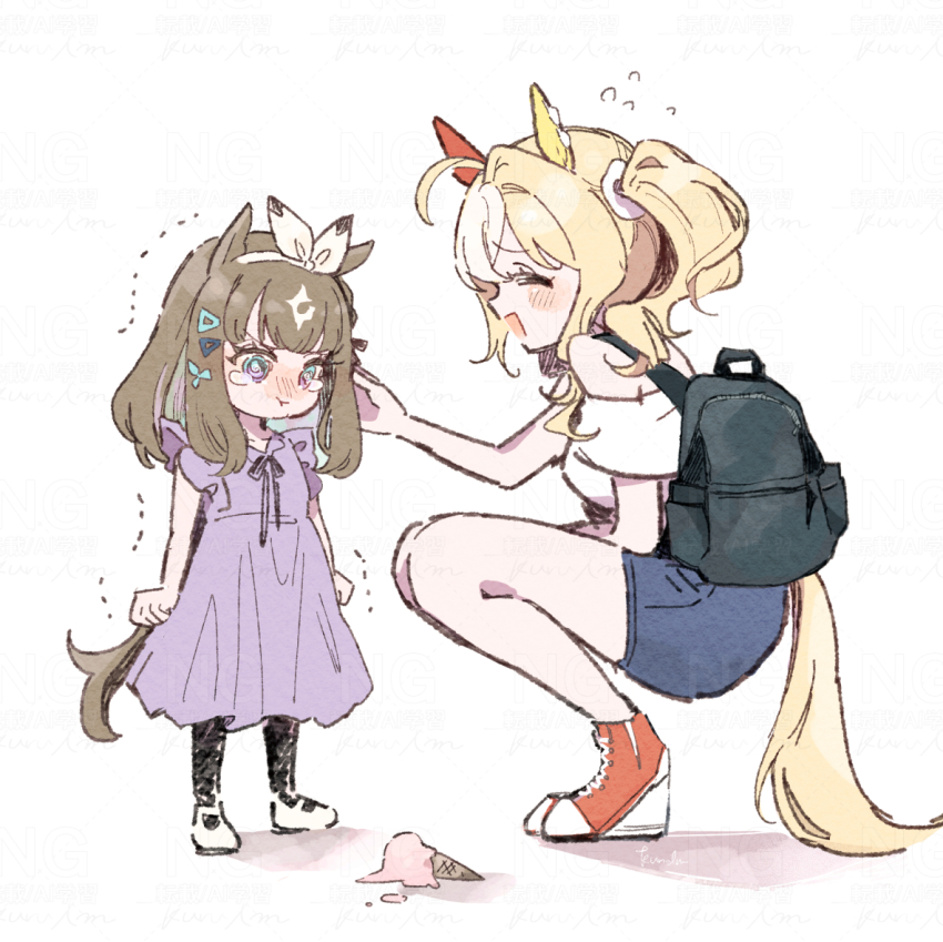 2girls, @_@, aged_down, ahoge, almond_eye_(umamusume), alternate_costume, animal_ears, bag