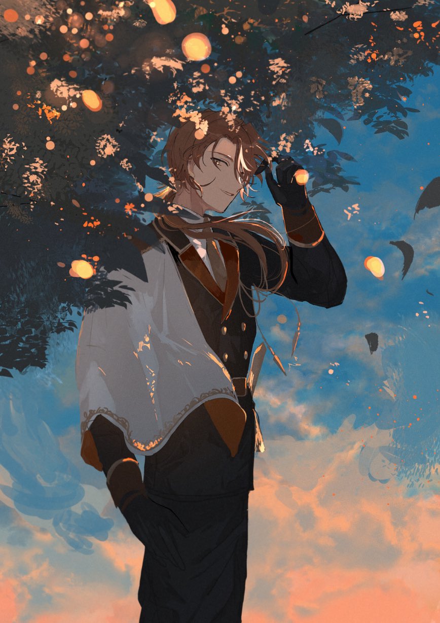 1boy, 22kolink, alternate_costume, brown_hair, cape, cloud, gloves, highres