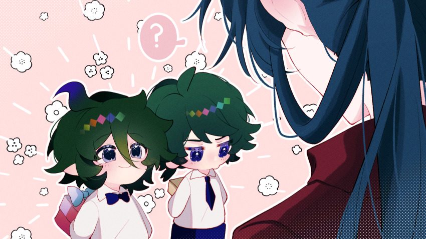 3boys, ?, age_difference, aged_down, ahoge, arms_behind_back, blue_bow, blue_bowtie