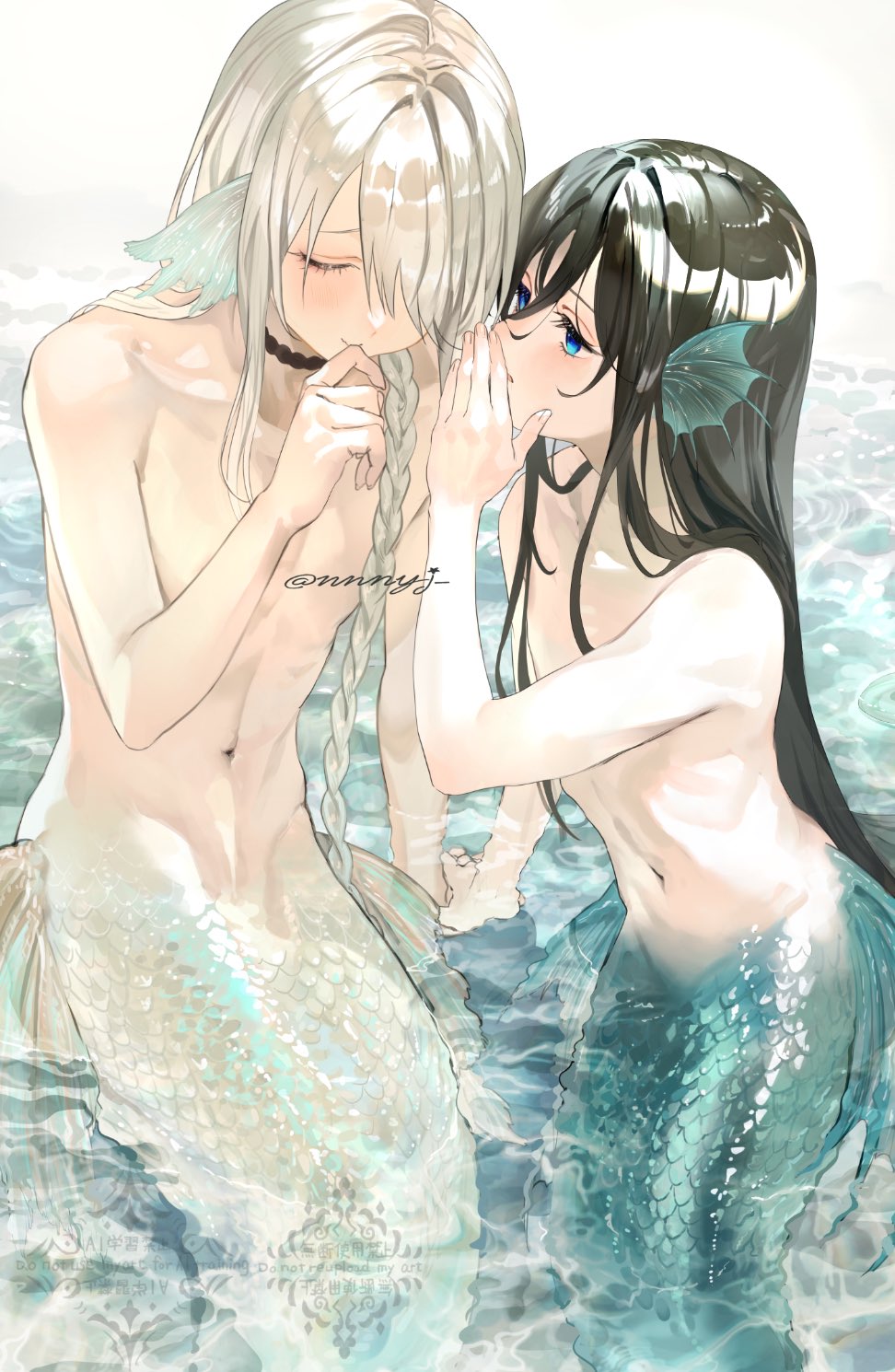 2boys, black_choker, black_hair, blue_eyes, braid, choker, closed_eyes, closed_mouth, collarbone, expressionless, fins, grey_hair, hair_over_one_eye, hair_over_shoulder, hand_up, head_fins, highres, light_smile, long_hair, looking_at_another, male_focus, mermaid, merman, monster_boy, monster_girl, multiple_boys, navel, nnnyj, original, partially_submerged, simple_background, single_braid, stomach, straight_hair, topless_male, trap, twitter_username, water, watermark, whispering_in_ear, white_background