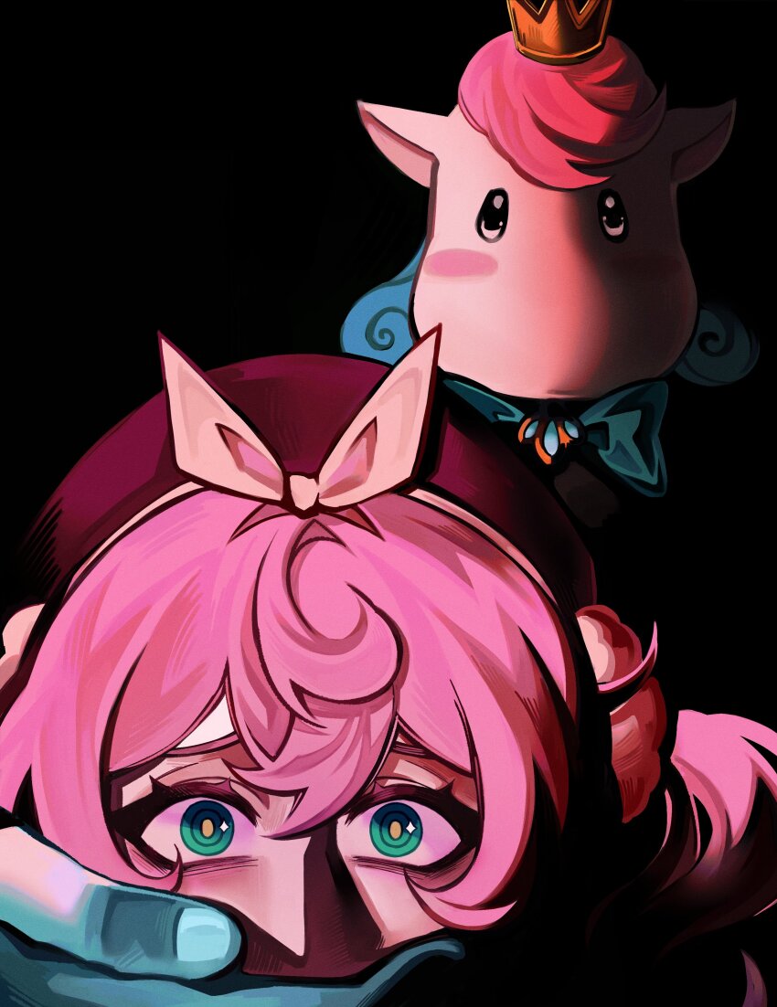 1boy, 1girl, absurdres, black_background, blush, bow, bowtie, commentary