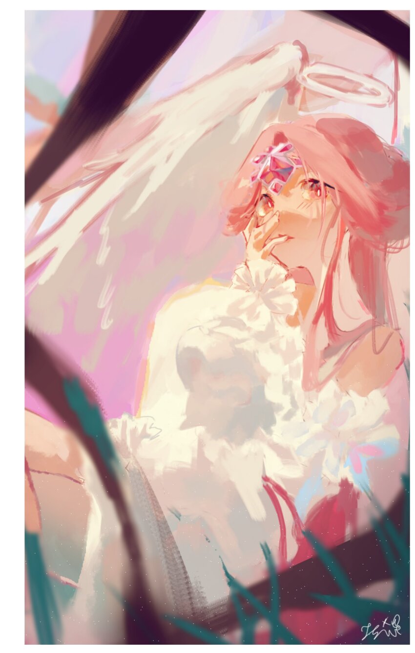 1girl, angel, angel_wings, colored_skin, cookie_run, cookie_run:_kingdom, demon_girl, dress, eternal_sugar_cookie, halo, highres, long_hair, long_sleeves, pink_hair, pink_skin, puffy_long_sleeves, puffy_sleeves, solo, teosonul, very_long_hair, white_dress, wings