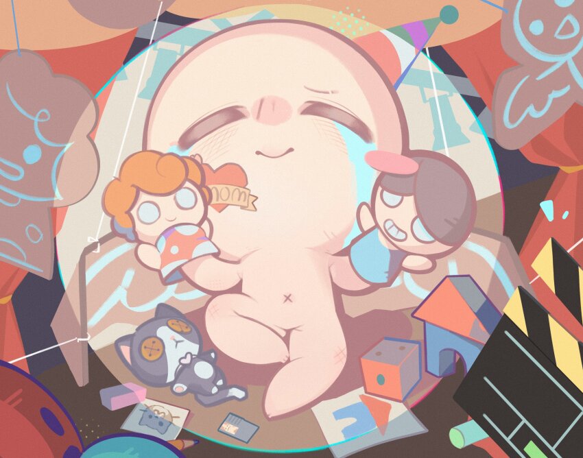 1boy, character_doll, child, children's_day, closed_eyes, closed_mouth, crying, dice, doll, father_(the_binding_of_isaac), guppy_(the_binding_of_isaac), hand_puppet, happy, highres, holding, holding_doll, isaac_(the_binding_of_isaac), lying, mother_(the_binding_of_isaac), navel, on_back, puppet, smile, streaming_tears, stuffed_animal, stuffed_toy, tears, the_binding_of_isaac, tooza, toy