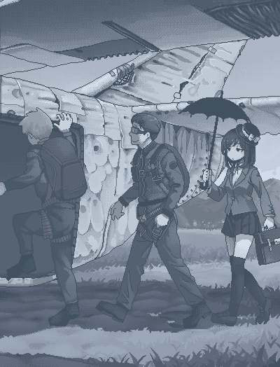 1girl, 2boys, aircraft, airplane, blazer, blue_theme, cosplay, empty_eyes