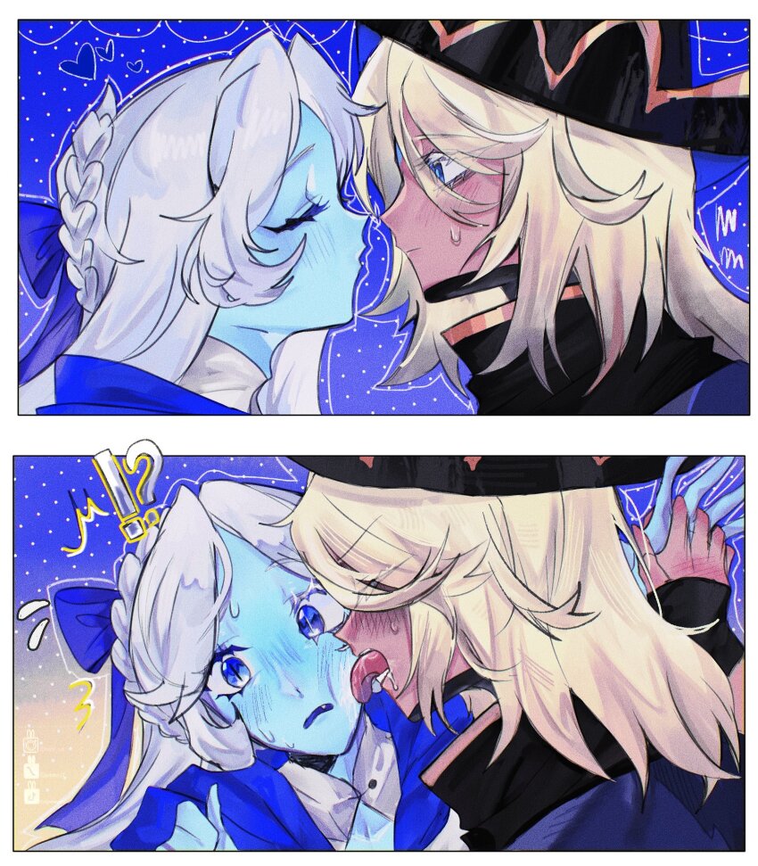 1boy, 1girl, blue_dress, blue_skin, blush, cloak, colored_skin, cookie_run, dress, heterochromia, highres, komtooi21, licking, licking_another's_face, long_hair, looking_at_viewer, pure_vanilla_cookie, pure_vanilla_cookie_(truthless_recluse), shadow_milk_cookie, lady_in_azure, slit_pupils, very_long_hair, white_hair