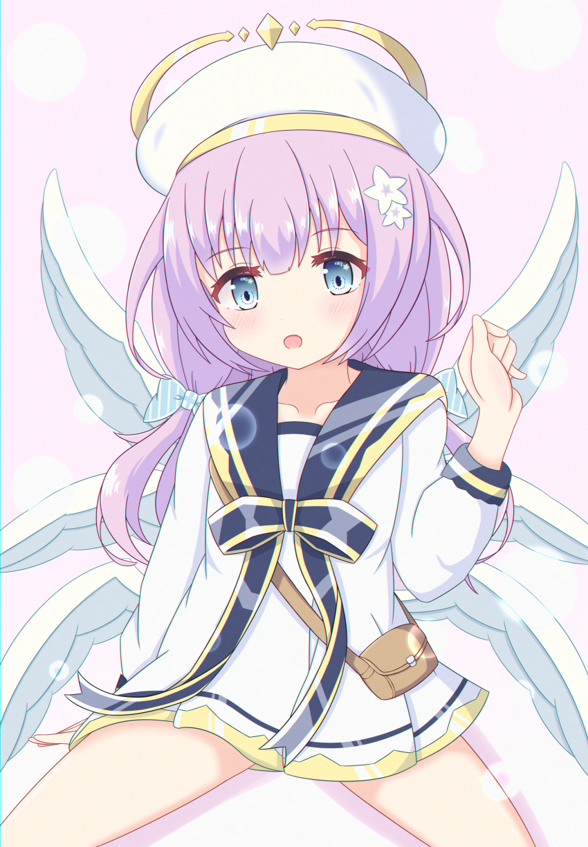 1girl, absurdres, angel, angel_wings, blue_eyes, blush, bow, cowboy_shot