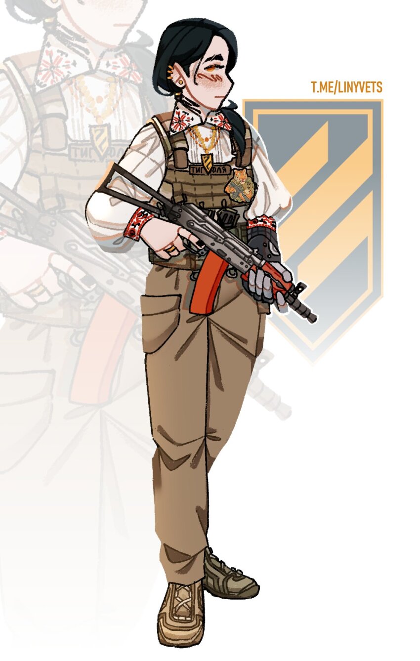 1girl, 3rd_assault_brigade, ak-74, artist_name, assault_rifle, black_hair, black_nails, blush