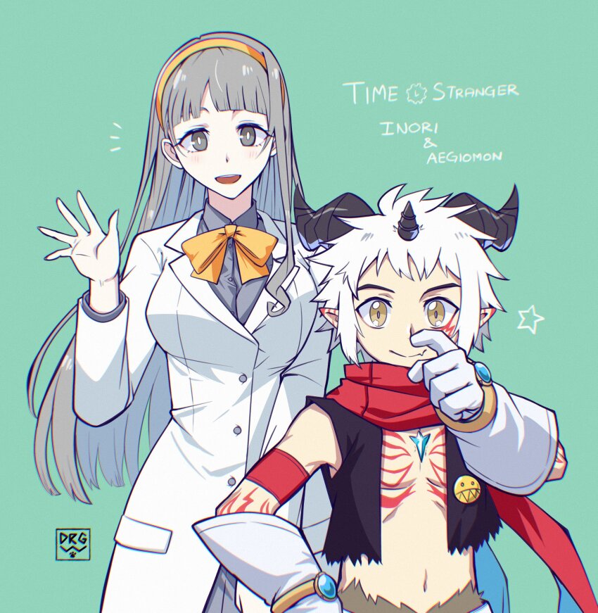 1boy, 1girl, aegiomon, black_vest, body_markings, breasts, chest_jewel, copyright_name