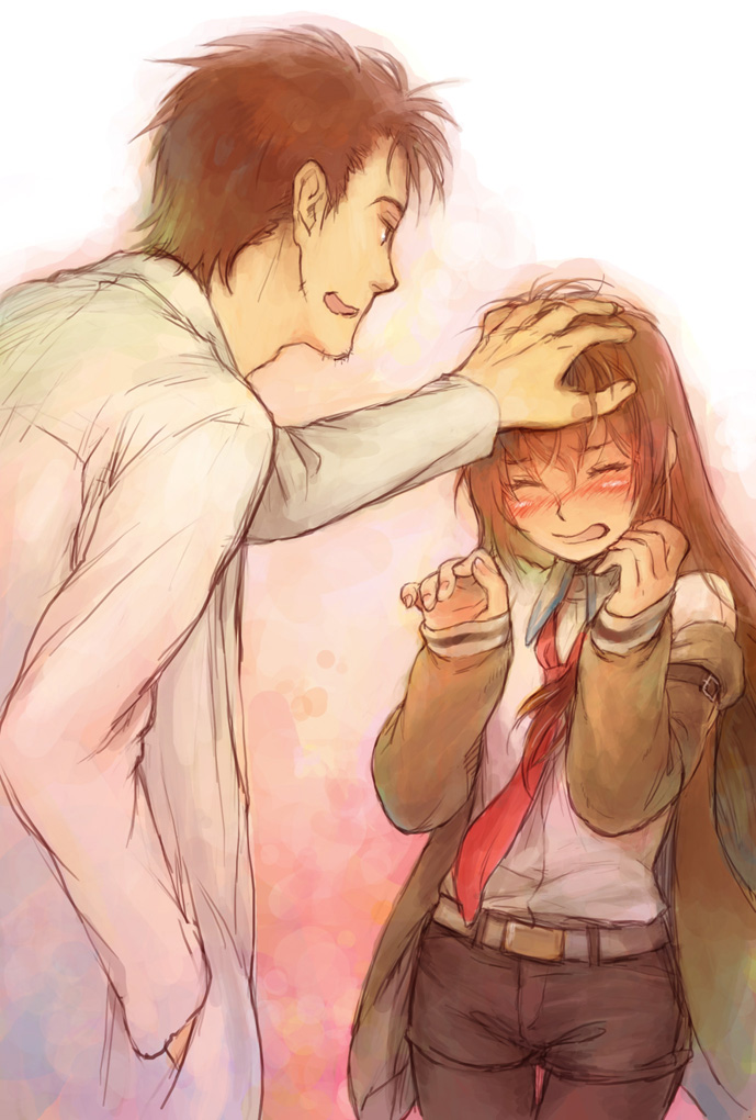 1boy, 1girl, arms_up, bad_id, bad_pixiv_id, black_hair, brown_hair, closed_eyes, hand_in_pocket, headpat, height_difference, jacket, lab_coat, makise_kurisu, miya_(hooooo), necktie, okabe_rintarou, open_mouth, pantyhose, pantyhose_under_shorts, red_necktie, ruffling_hair, science_adventure, shorts, steins;gate